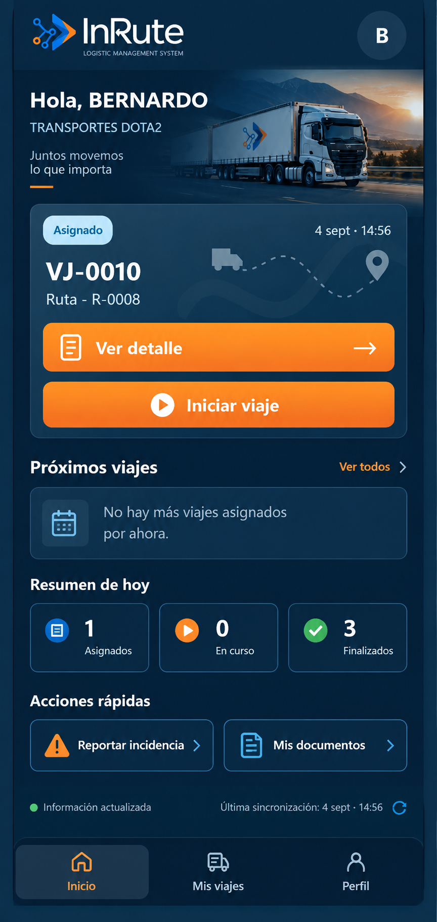 Aplicación móvil InRute para choferes: viaje actual, próximos viajes y resumen del día